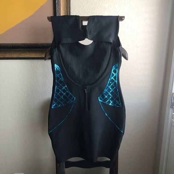WOW couture bodycon bandage blk/turquoise sequins size lg - Picture 5 of 14